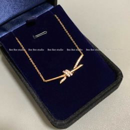 Designer Seiko Edition Brand New Knot with Diamond Necklace Earrings 925 Sterling Silver Plated 18k Gold Rose Set Diamonds for Women
