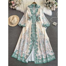 Spring Palace Style Lantern Long sleeved V-neck Waist Slimming Single breasted A-line Positioning Printed Dress