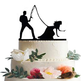 Cake On Fishing Bride Catching Groom Funny Wedding Cake Topper Decor- Bride And Groom Set Black Acrylic Topper