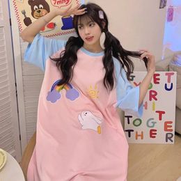 Women's Sleepwear Summer Women Night Dress Korean Loose Girls Dresses Cartoon Cotton Fabric Short-sleeve Nightdress