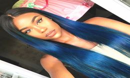 Silky Straight Ombre Full Lace Wigs Glueless Two Tone 1bTBlue Lace Front Human Hair Wigs For Women With Natural Hairline Blue Hair3090632