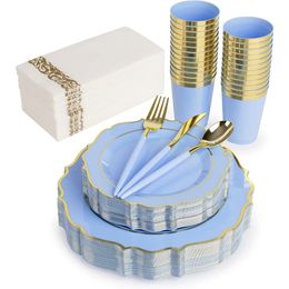 175Pcs Light Blue Disposable Dinnerware Sets 50 Dinner Salad Plates 75 Baroque Handle Cutlery 25 Napkins Cups 240520