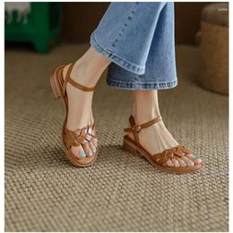 Casual Shoes Retro Women's Sandals Roman Literary Style Hollow Female Summer Solid Color Thick Heels Flat Bottom Ladies