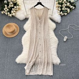 Korean style knitted cardigan jacket womens design with hook flower hollowed out fashionable and versatile long vest top