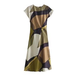 Zach Ailsa Spring Product Womens Round Neck Short Sleeve Knot with Silk Satin Texture Printed Midi Dress 240531