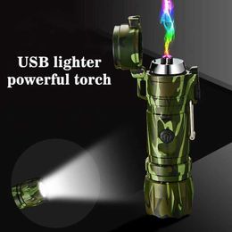 Lighters New Glare Flashlight and USB Recharge Double Arc Cigarette lighter Waterproof Plasma Lighter Windproof Electronic Lighter S24530