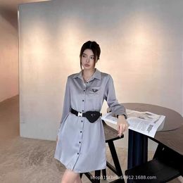 Springsummer New Long Sleeved Shirt Waist Bag Dress Chest Pocket Triangle Decoration Simple and Fashionable