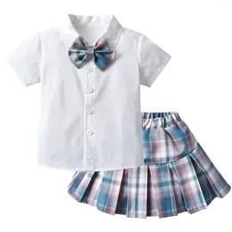 Clothing Sets Baby Kids Girl's Outfits Solid Colour Short Sleeve Button Down Tops Plaid Print Skirts With Bow Tie 3PCS Set Pack Girl