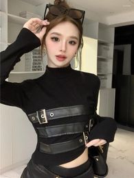 Women's T Shirts High Street Stand Collar Long Sleeve Knitted T-shirt Belt Multi Button Design Gothic Pullover Crop Top Korea Y2k Clothes