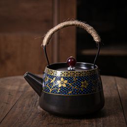 Ceramic Beam Teapot Large Matte Black Pottery Full Color Pile Flower Kungfu Tea Set Single Pot with Filter Screen 315l