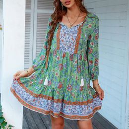 Summer Vintage Sundress Elegant Floral Print Mini Dress Women Bohemian Tassel Holiday Robes Casual Ruffled Hem Vestidos 240524