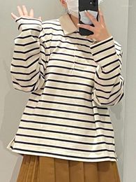 Women's T Shirts Women T-shirt 2024 Autumn Fashion All-match Classic Long-sleeved Striped Lapel Bottoming Shirt