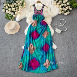 2024 French sleeveless crochet print dress summer print A-line waist slimming long skirt