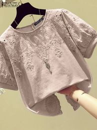 ZANZEA Summer Lace Embroidery Shirt Women O Neck Casual Vintage Party Blouse Holiday Beach Female Tops Tunic Short Sleeve Blusas 240531