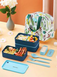 WORTHBUY Divided Bento Box With Cutlery Thermal Bag Portable Plastic Lunch Box Microwave Safe Stackable Fruit Salad Container 240531