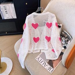 Women's Knits Love Embroidered Hollowed Out Knitted Sweater For Women 2024 Summer Thin Sweet Loose Sun Proof Cardigan Jacket Shawl Female