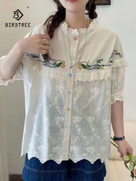 Women's Blouses Spring Cotton Embroidery Casual Shirt Women Lace Stand Short Sleeve Top Girl Loose Retro Commute Blouse 2024 Summer T45701QC