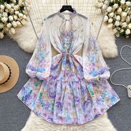French dress spring dress womens sweet wooden ear collar buckle slim fit short print age reducing bubble sleeve holiday dress