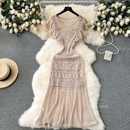 Early spring Korean style dress with sweet flying sleeves design and tie up waist length heartfelt hollow knit dress