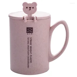 Mugs 450Ml Wheat Straw Plastic Coffee Mug Tea Cup With Spoon Lid Handle Cute Bear Milk Tumbler Round Water Cups Caneca