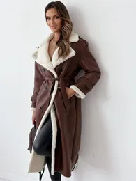 Women's Fur Autumn Winter Fashion Faux Leather Woollen Coats Women Solid Colour Turn-down Collar Mid-length Jacket With Belt Warm Overcoat