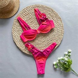 Women's Swimwear 3D Flower Bikini 2024 Womens Push Up Swimwear Rose Tie Dye Printed Swimwear High cut Swimwear Underwear Sexy Bikini Set Flawless J240531