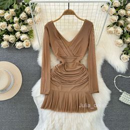 Fashionable Spicy Girl Sexy V-neck Low cut Open Back Waist Slim and Folded A-line Wrapped Hip Ruffle Edge Mesh Dress for Women