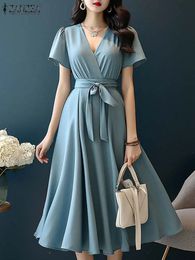 ZANZEA Women Elegant A-line Dresses Fashion Holiday V-neck Short Sleeve Belted Midi Sundress Solid Colour Casual Vestidos 240531
