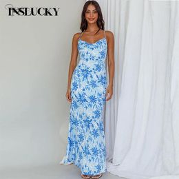 Casual Dresses InsLucky Sexy Sweet Blue Floral Print Women Maxi Dress Backless Bandage Hollow Out Slim Bodycon Birthday Party Summer