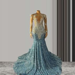 Baby Blue Mermaid Prom Dress 2024 For Black Girl Sparkly Diamond Crystal Sequins Sheer Mesh Birthday Formal Gown 0531