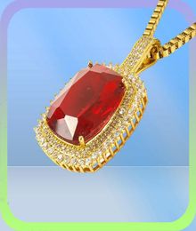 Sparkling Ruby Pendant Chain Bling 18k Yellow Gold Filled Hip Hop Womens Mens Pendant Necklace Luxury Jewelry9630692