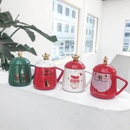 Mugs 4 Types 400ml Creative Festive Gift Christmas Theme Ceramic Cup Big Belly With Lid Spoon Milk Mug Santa Tree Pattern