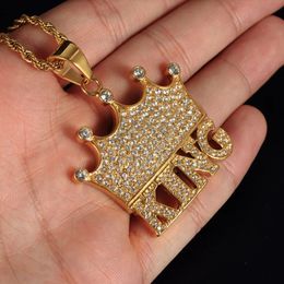 Iced Out Bling Crown Letter KING Pendant Necklace For Men 14K Gold CZ Hip Hop Mens Jewellery
