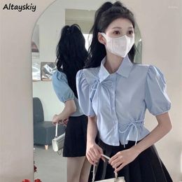 Women's Blouses Blue Shirts Women Short Sleeve Summer Slim Fit Sweet Bow Solid Korean Style Streetwear Crop Tops Ulzzang Student Preppy