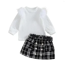 Clothing Sets Pudcoco Kid Girl Fall Outfits Solid Color Crew Neck Plush Sleeve Tops Buttons Mini Plaid Skirts Belt 2Pcs Clothes Set