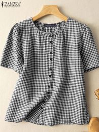 ZANZEA Fashion Grid Printed Shirt Summer Short Sleeve Plaid Button Womens Blouse Femme Casual Holiday Tunic Tops Oversized 240531