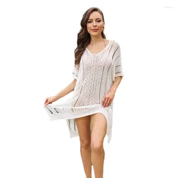 Women's Swimwear Sexy Knitted Hollow Out Cover Up Solid Color One Piece Beachwear Summer Sheer V-neck Cover-Ups Beach Style 2024