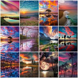 MomoArt DIY Diamond Painting Sunset Cross Stitch Tree 5D Diamond Embroidery Lake Landscape Mosaic Decor For Home