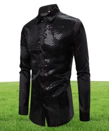Men039s Casual Shirts Mens Black Long Sleeve Button Down Dress 2021 Shiny Sequin Silk Satin Shirt Men Business Party Male Chemi7305672