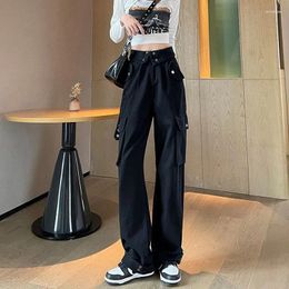 Women's Jeans Flanging Breasted Multi-Pocket Tooling Spring Autumn High Waist Straight Leg Pants Lazy Style Wide