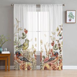 Curtain Eucalyptus Leaves Dahlia Rose Robin Sheer Curtains For Living Room Decoration Window Kitchen Tulle Voile