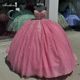 Eleganti spalla a maniche corte Abito da ballo Abiti Quinceanera Abiti perle perle Appliques in pizzo Sweetheart Prom Evening Party CONTROLLA