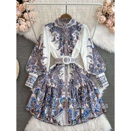 Spring and Autumn Palace Style Long sleeved Standing Neck Waist Single breasted A-line Positioning Printed Dress