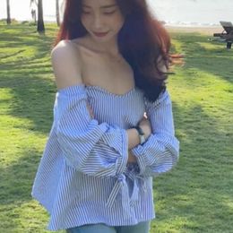 Women's Blouses Sweet Girl Off Shoulder Long-sleeved Top For Summer Sexy Slash Neck Ruffled Striped Shirt Fashion Female Clothes