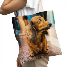 Shopping Bags Mini Dachshund Dog Shopper Pet Animal Shoulder Tote Double Sides Casual Women Bag Eco Reusable Canvas Big Handbag