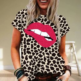 Summer Women Leopard Short Sleeve Oneck Loose T Shirt Fashion Sexy Lips 3d Print Ladies Street Plus sized Tshirt Top 240531