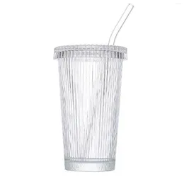 Mugs Glass Tumbler Stripe Cup Easy To Clean With Lid And Straw Bubble Tea Cups Suitable For Milk Water