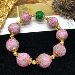 Strand Fresh And Sweet Style Bracelet With Cherry Blossom Powder Frog Skin Glass Beads Elastic Green Agate Versat