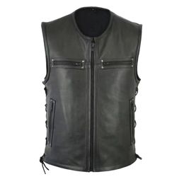 Men Motorcycle Leather Vest Solid Color Large Pocket Sleeveless Biker Jackets Punk Vintage PU Leather Vest Jackets Streetwear 240531