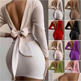 Basic & Casual Dresses Autumn Winter Knitted Bodycon Dress Elegant Night Long Sleeve Back Hollow Bow Tie Maid Costume Y Pink For Drop Dhuko